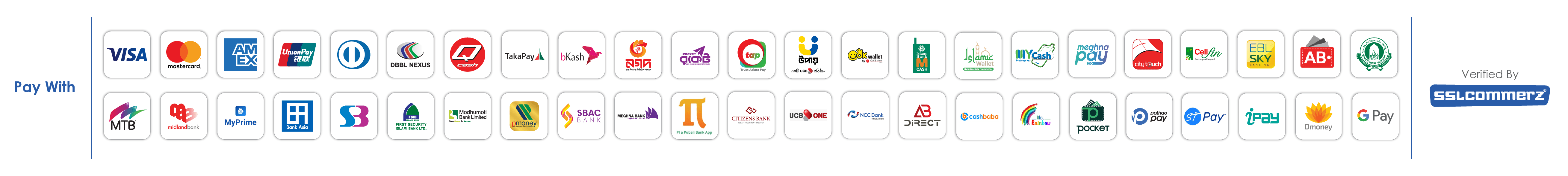 Accepted payment methods: Visa, Mastercard, bKash, Nagad, Rocket, internet banking and other cards and wallets